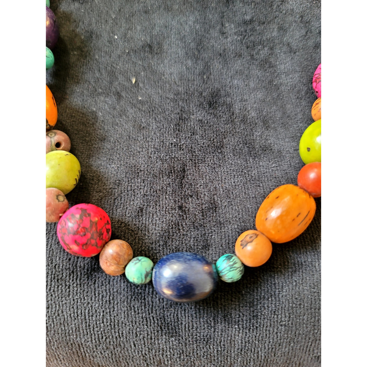 Colorful Multicolor Round Beaded Necklace Wood Resin Boho Statement 24"