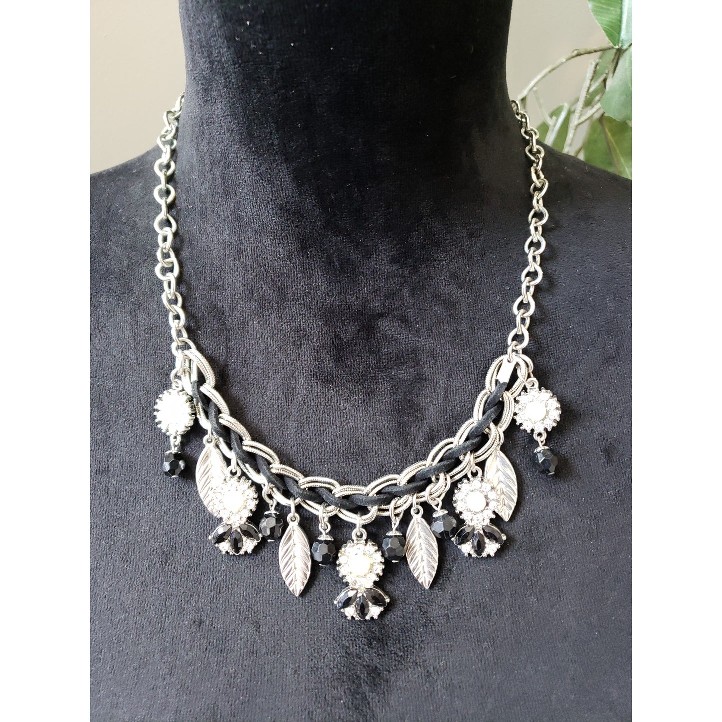 Women's Silver Black Statement Necklace Leaf Charm Crystal Beaded Chain