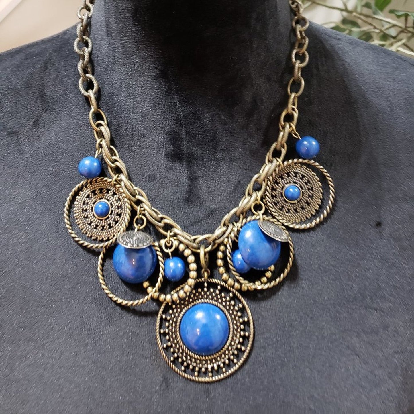 Womens Fashion Indigo Blue Antiqued Brass Chunky Charm Necklace w/ Lobster Clasp