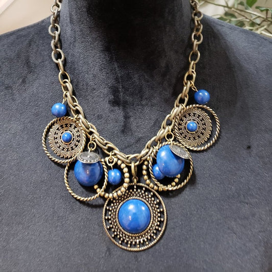 Womens Fashion Indigo Blue Antiqued Brass Chunky Charm Necklace w/ Lobster Clasp