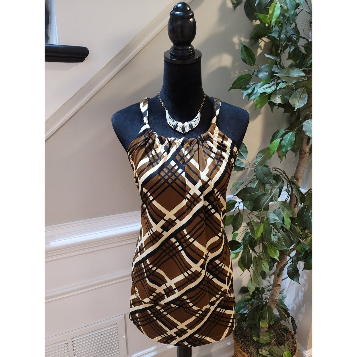 R. Marks Blouse Top Womens Large Brown Plaid Halter Neck Racerback Pleated Front