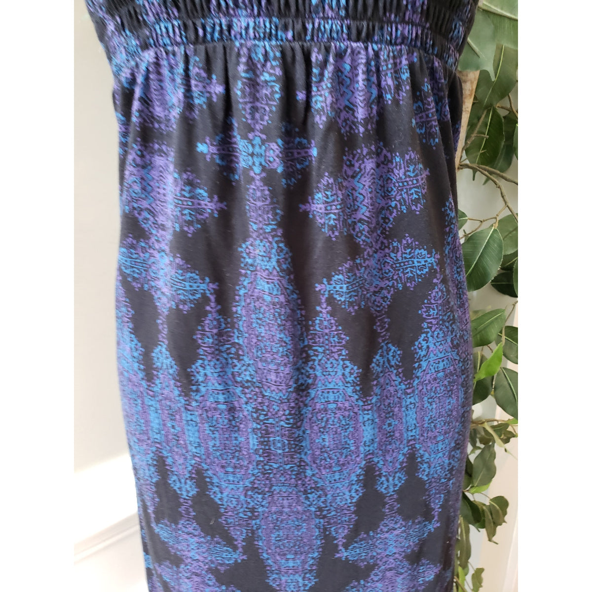 Gap Smocked Long Maxi Dress Women's Small Black Blue Geo Print Off The Shoulder