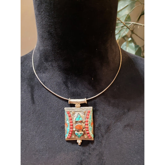 Womens Copper Tone Tibetan Turquoise Coral Lapis Lazuli Pendant Necklace Jewelry