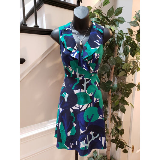 Ann Taylor Womens Blue & Green Polyester V-Neck Sleeveless Knee Length Dress 00P