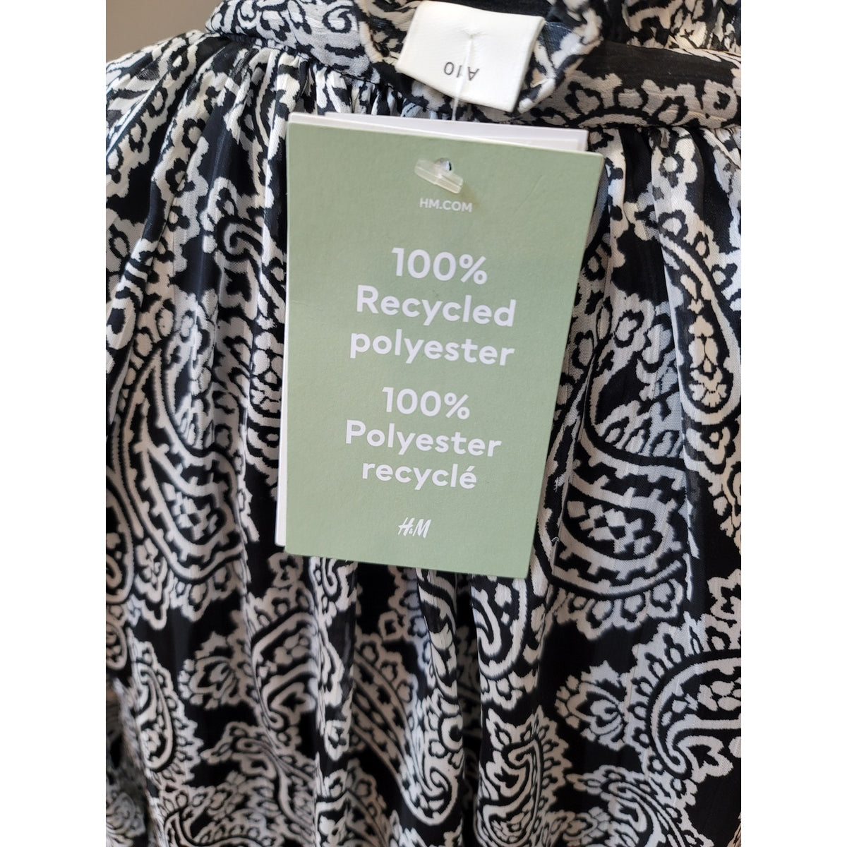 H&M Top XL Black White Paisley Ruffle Tie Split Neck Raglan Sleeve Casual Party