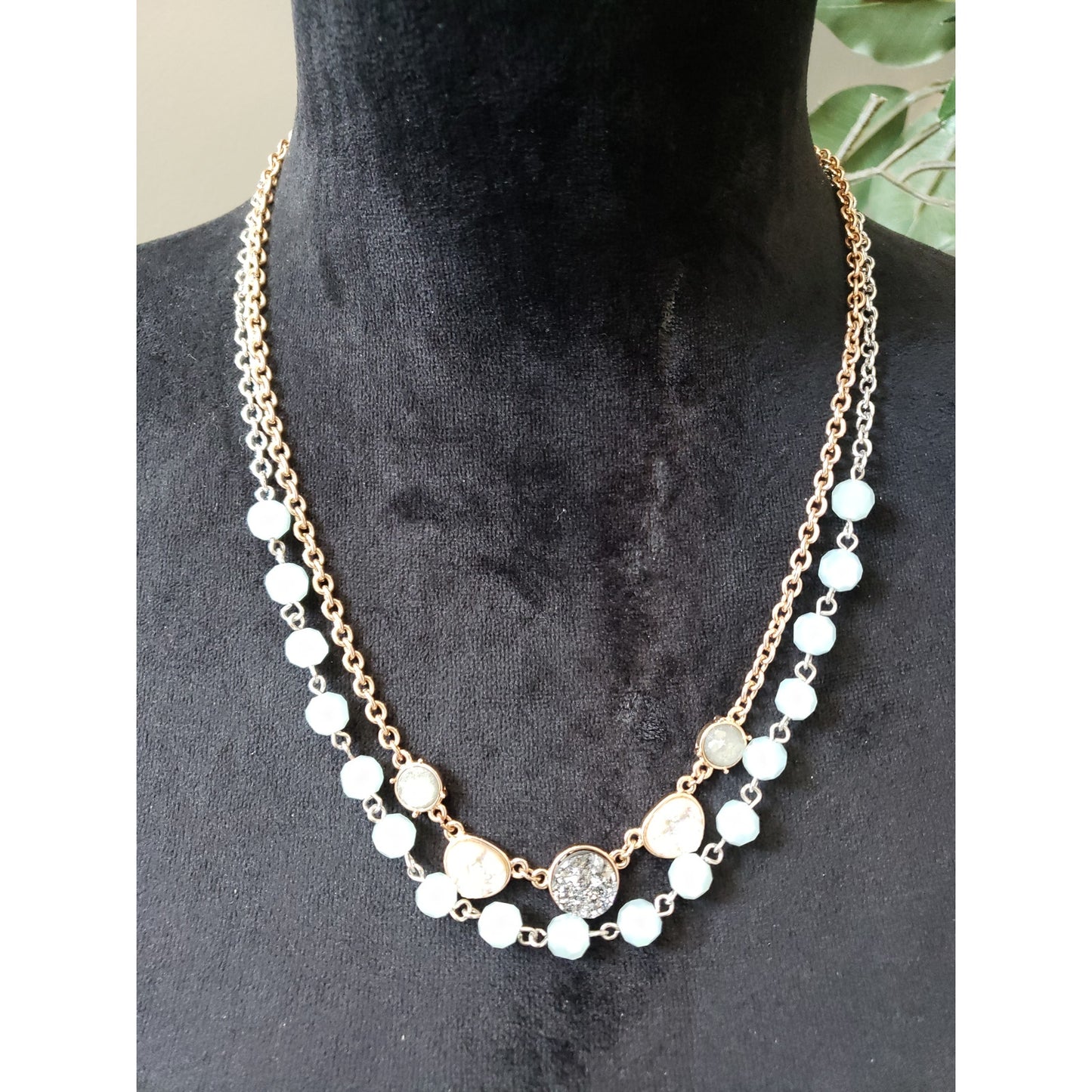 Lobster Clasp Double Chain Necklace with Druzy and Blue Faceted Beads