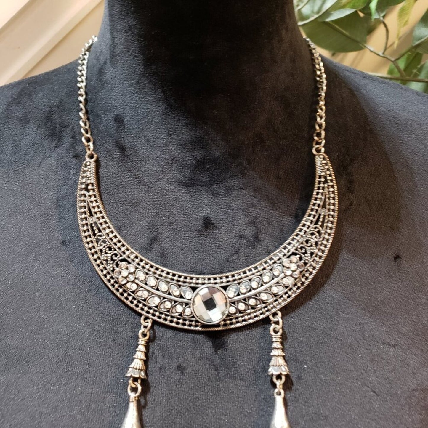 Womens Rhinestone Moon Shape Silver Tone Statement Necklace with Lobster Clasp