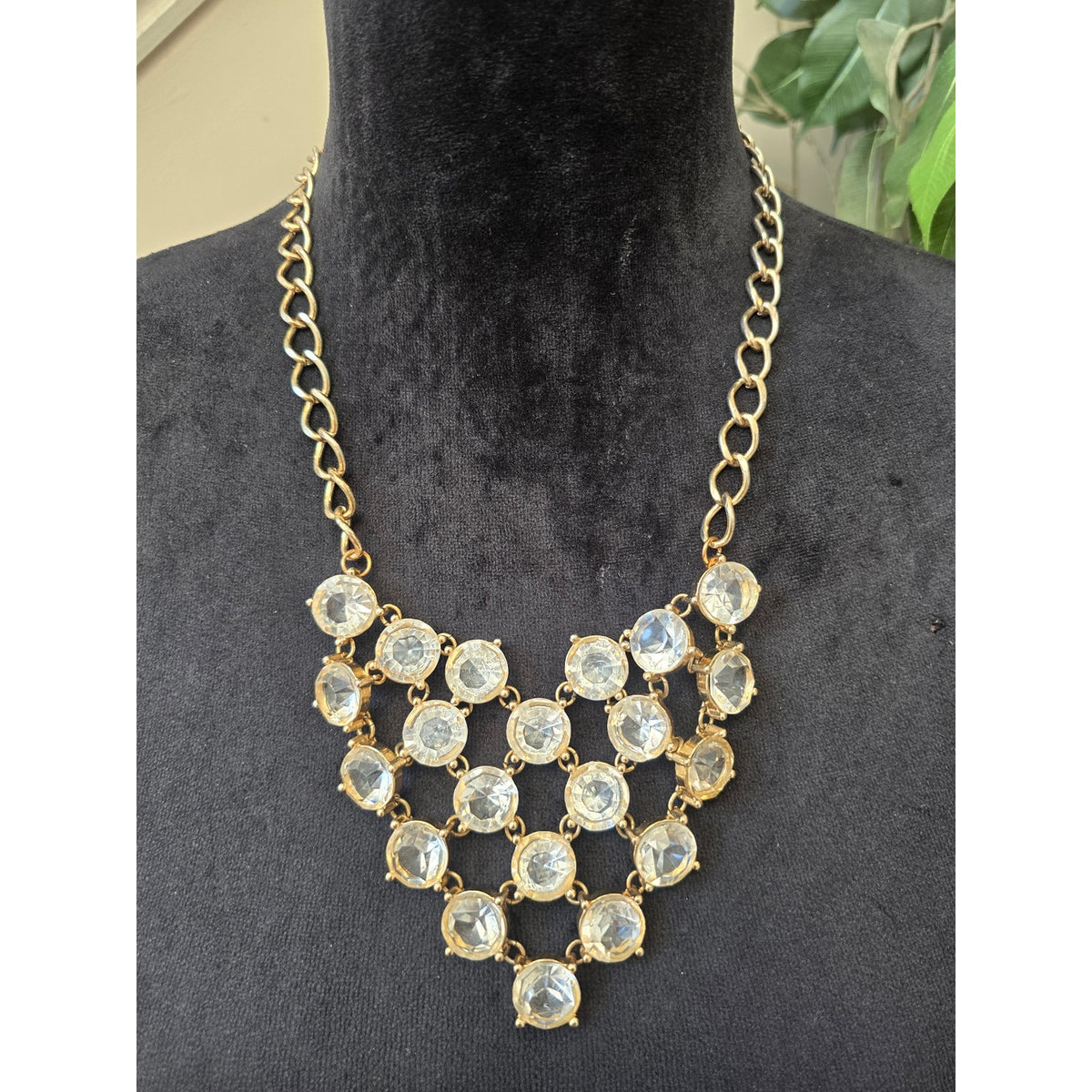 Gold Tone Clear Crystal Rhinestone Cascading Tiered Bib Necklace