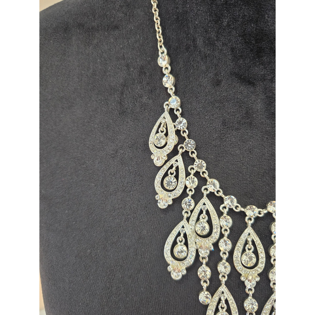 Silver Tone Rhinestone Crystal Teardrop Chandelier Bib Statement Necklace