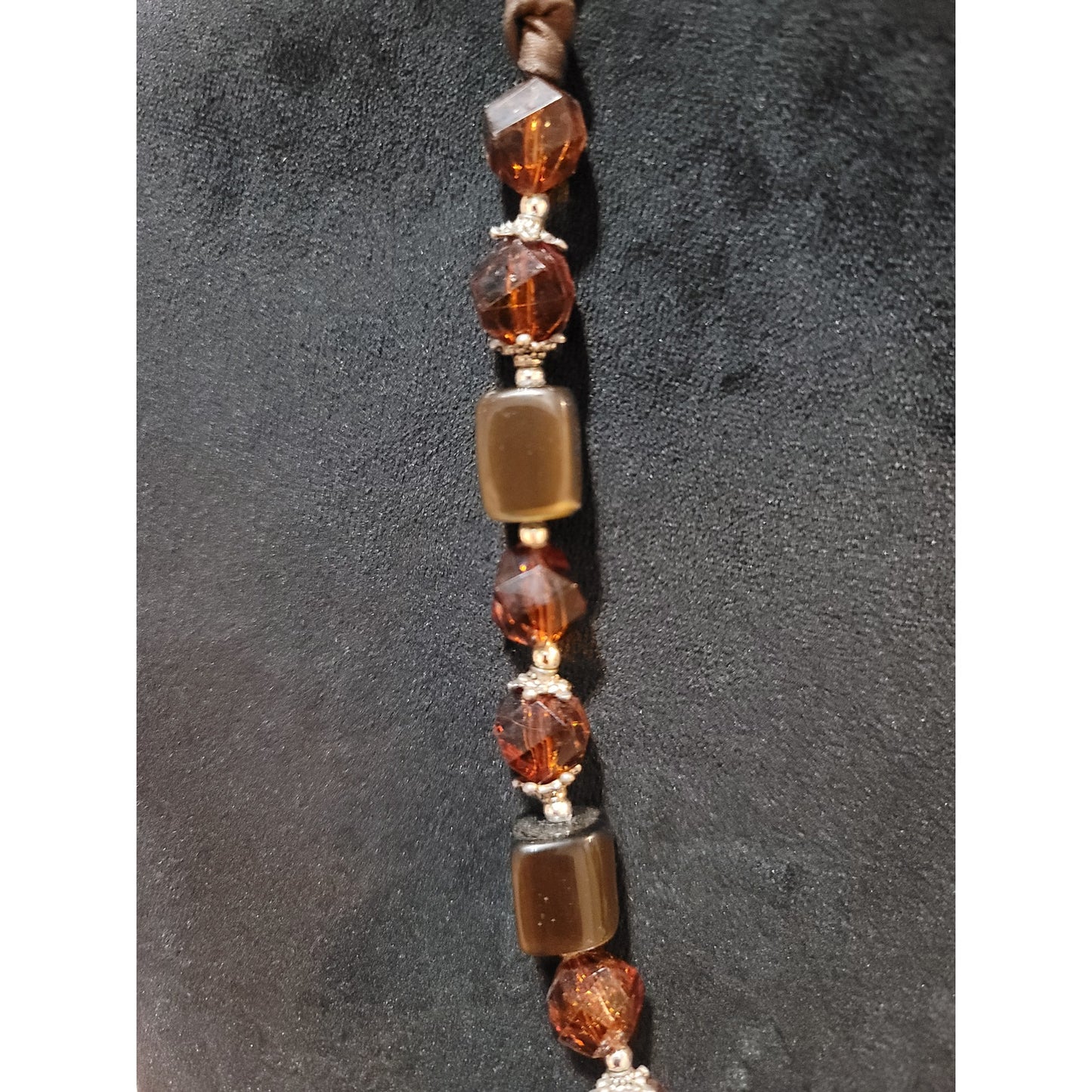 Women's Brown Ribbon Tie Beaded Necklace With Amber Crystal And Square Beads
