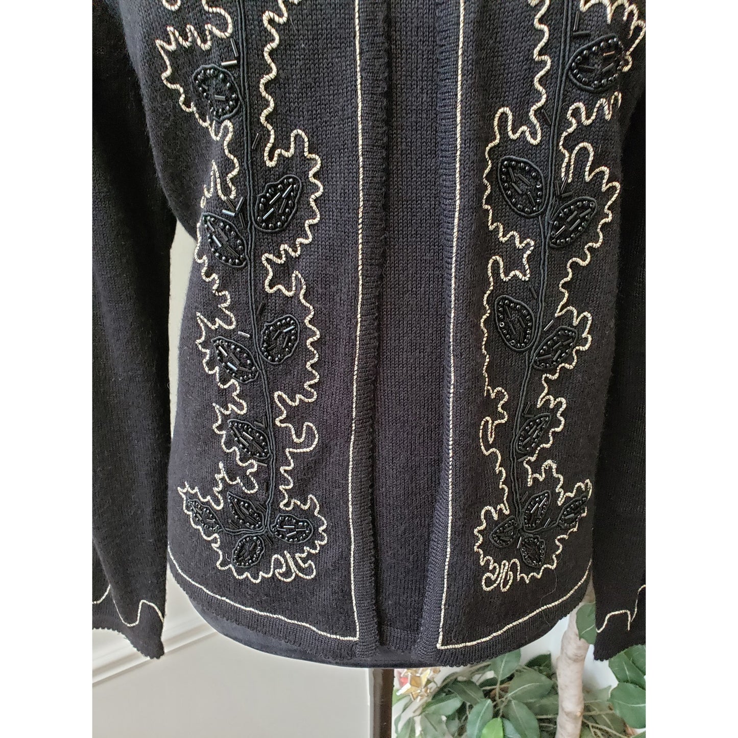 Alfred Dunner Cardigan Sweater Womens Petite M Black Layered Embroidered Beaded