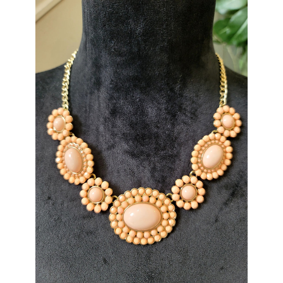 Peach Blush Beaded Cabochon Statement Necklace Gold Tone
