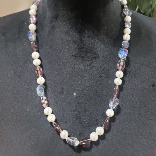 Womens Fashion Multi-Shaped Rhinestone Faux Pearl Beaded Long Necklace w/ Toggle