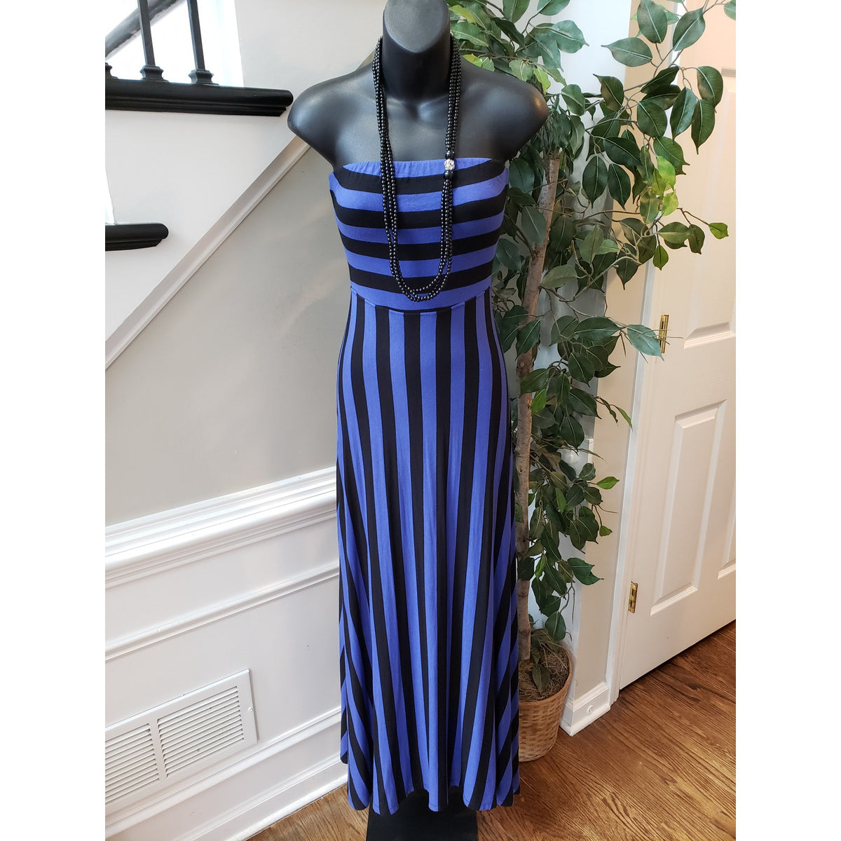 Women's Long Maxi Dress XS Black & Blue Stripped Tube Stretch Off The Shoulder