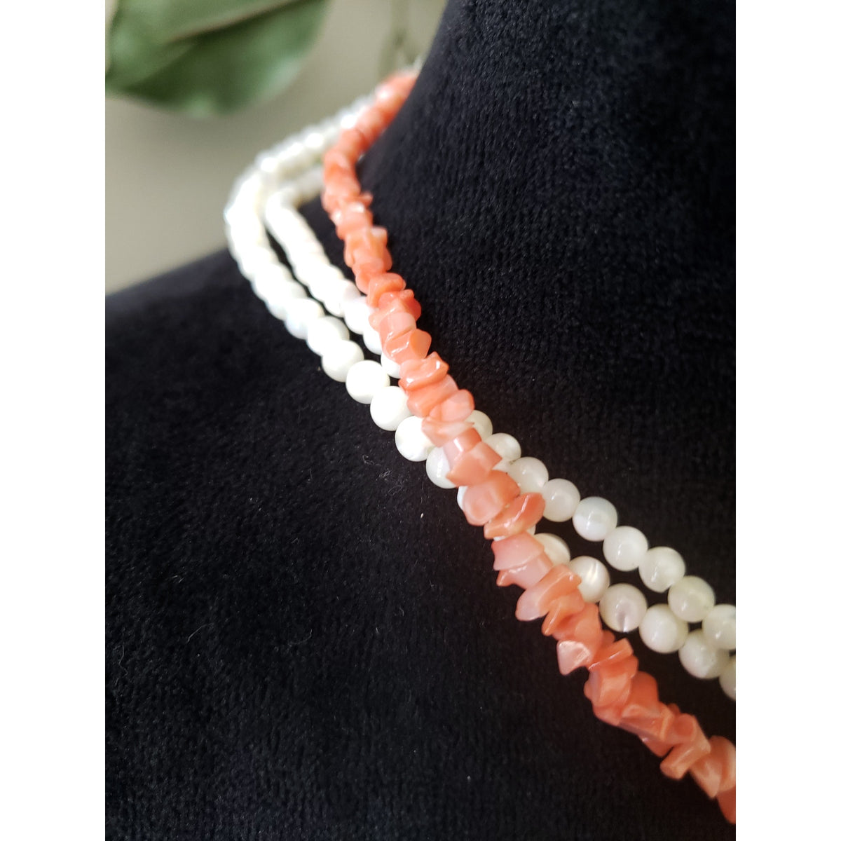 Womens 3 Strand Coral Bead Faux Pearls Choker Necklace Jewelry with Hook & Eye
