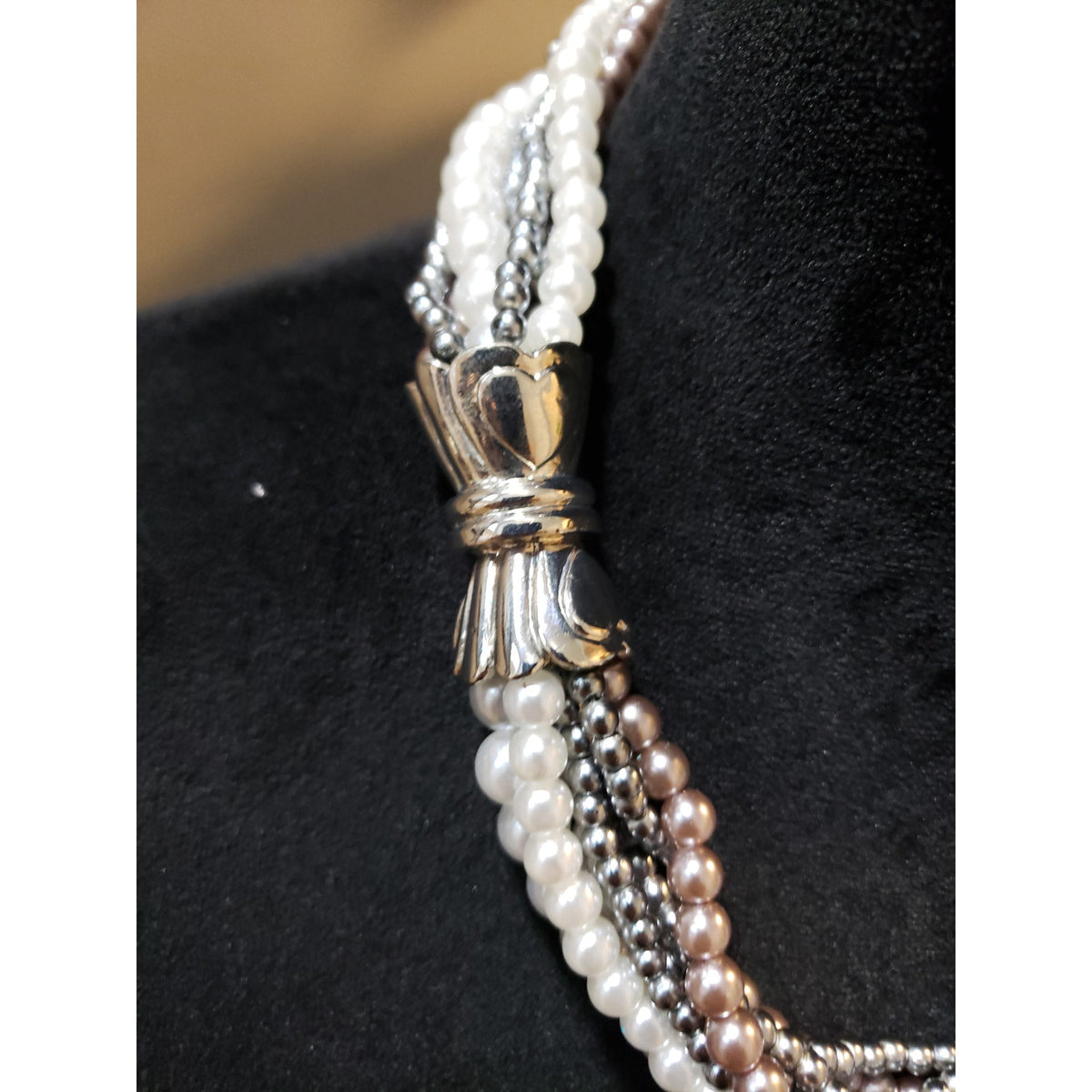Women's Pearl Beaded Statement Necklace White/Brown Gunmetal Barrel Clasp