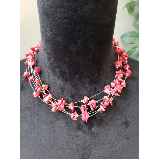 Women's Red Multi Strand Chip Bead Necklace Lobster Clasp Boho Jewelry
