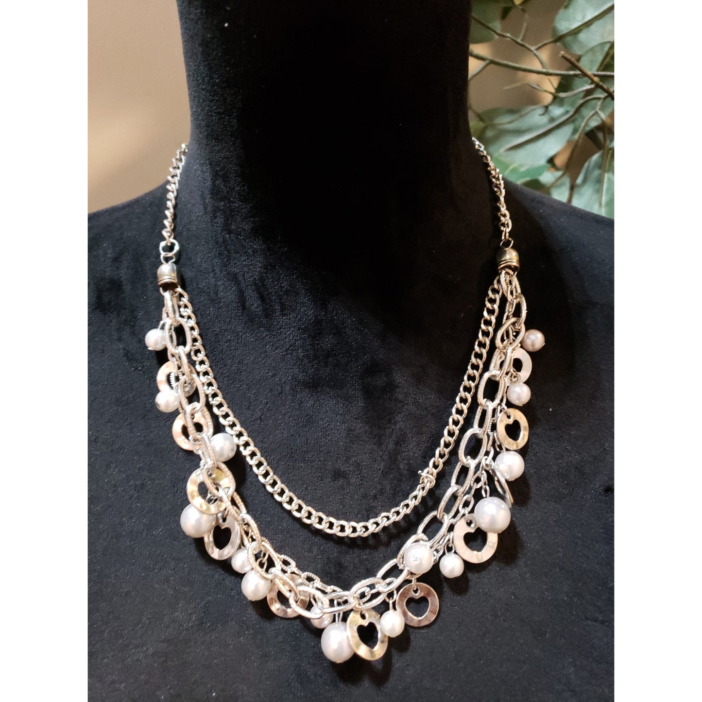 Womens Silver Tone Multi-layered Faux Pearl Heart Chain Charm Statement Necklace