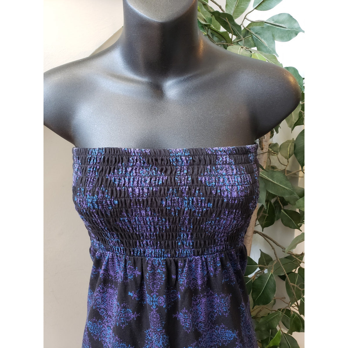 Gap Smocked Long Maxi Dress Women's Small Black Blue Geo Print Off The Shoulder