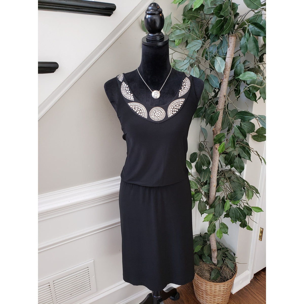White House Black Market Fit & Flare Dress Womens M Black Embellished Neckline