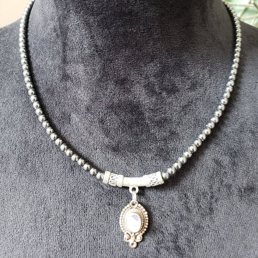 Womens Silver Tone Beads Gold Plated White Moonstone Pendant Necklace w/ Lobster