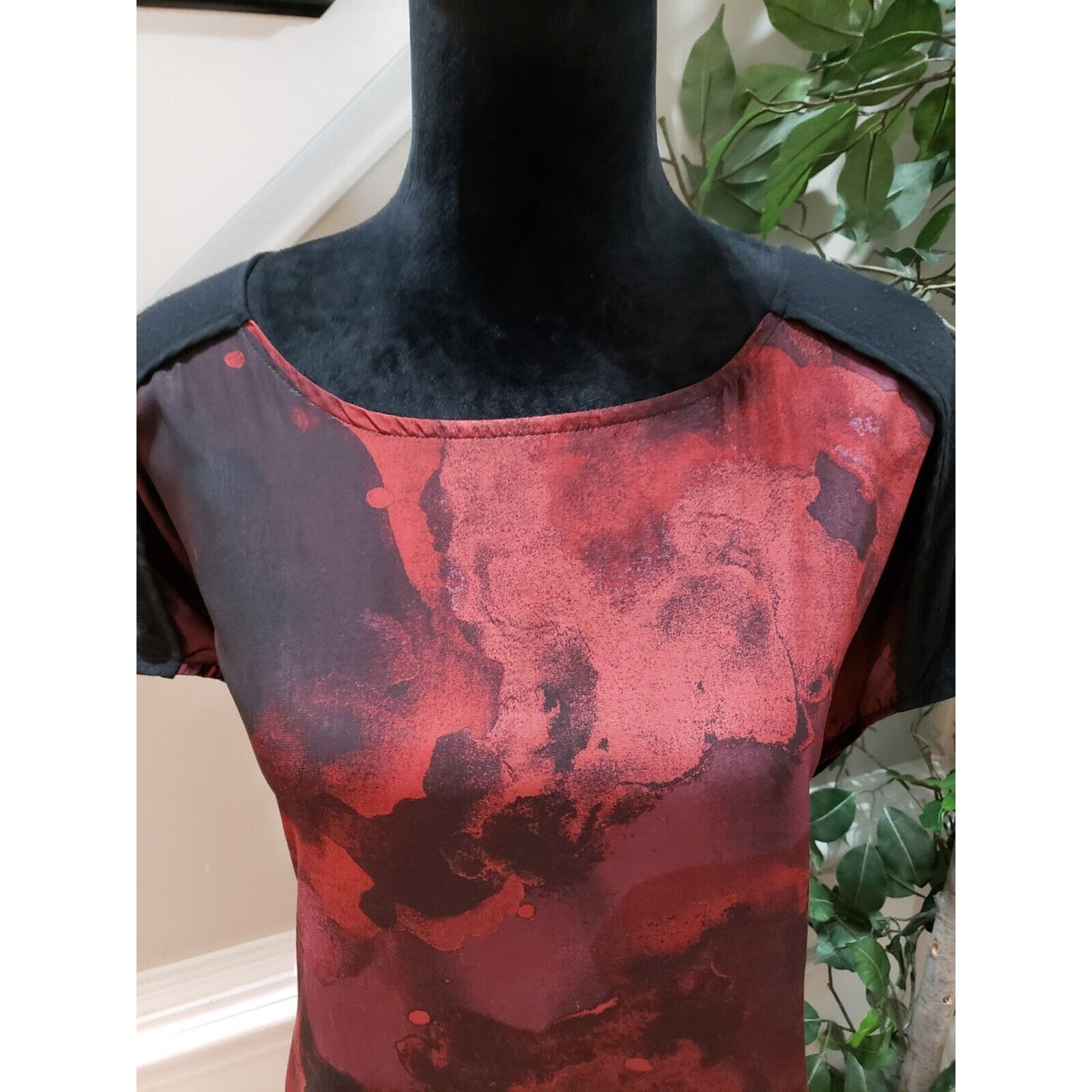 Mossimo Womens Black Burgundy Tie Dye Polyester Round Neck Shift Dress Size XL