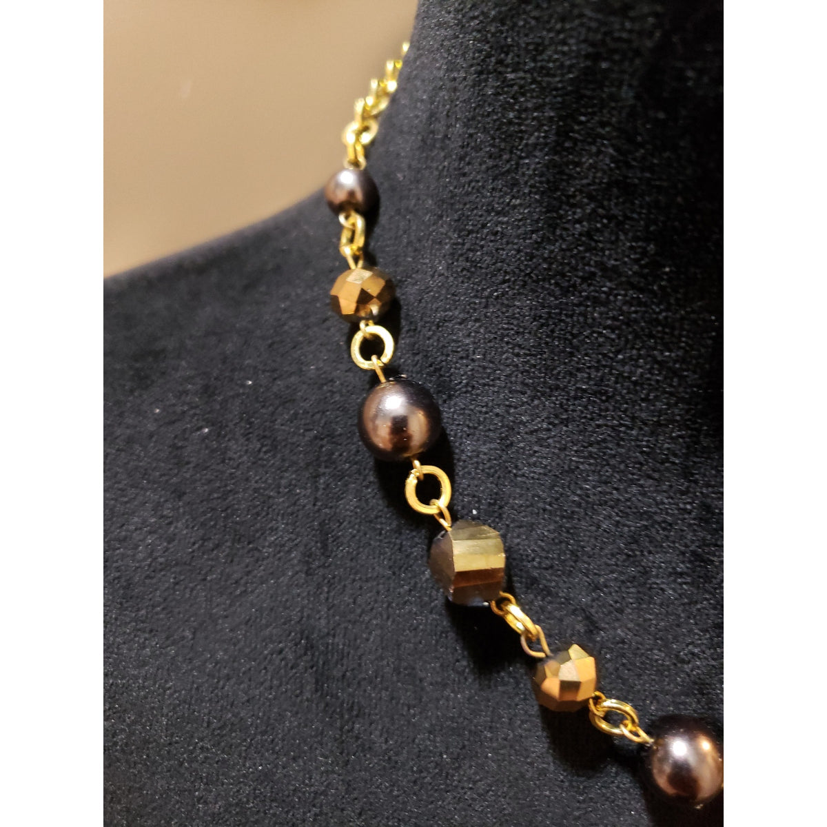 Womens Gold Metallic Round and Square Beads with Brown Necklace