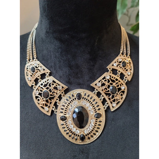 Women's Gold Statement Necklace with Black Gems and Rhinestones