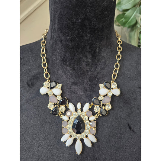 Black White Crystal Pendant Statement Necklace