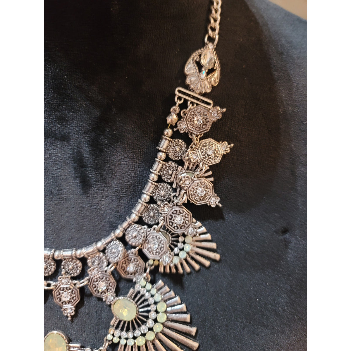 Women's Silver Tone Statement Bib Necklace With Opal Stones Lobster Clasp