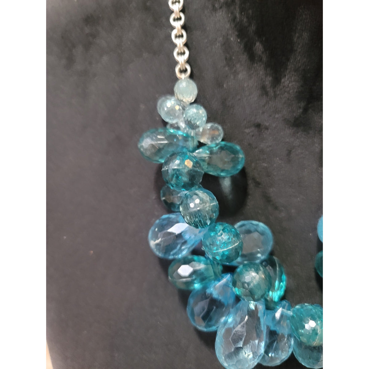 Women's Statement Blue Glass Bead Necklace Chunky Silver Chain Trendy Jewelry