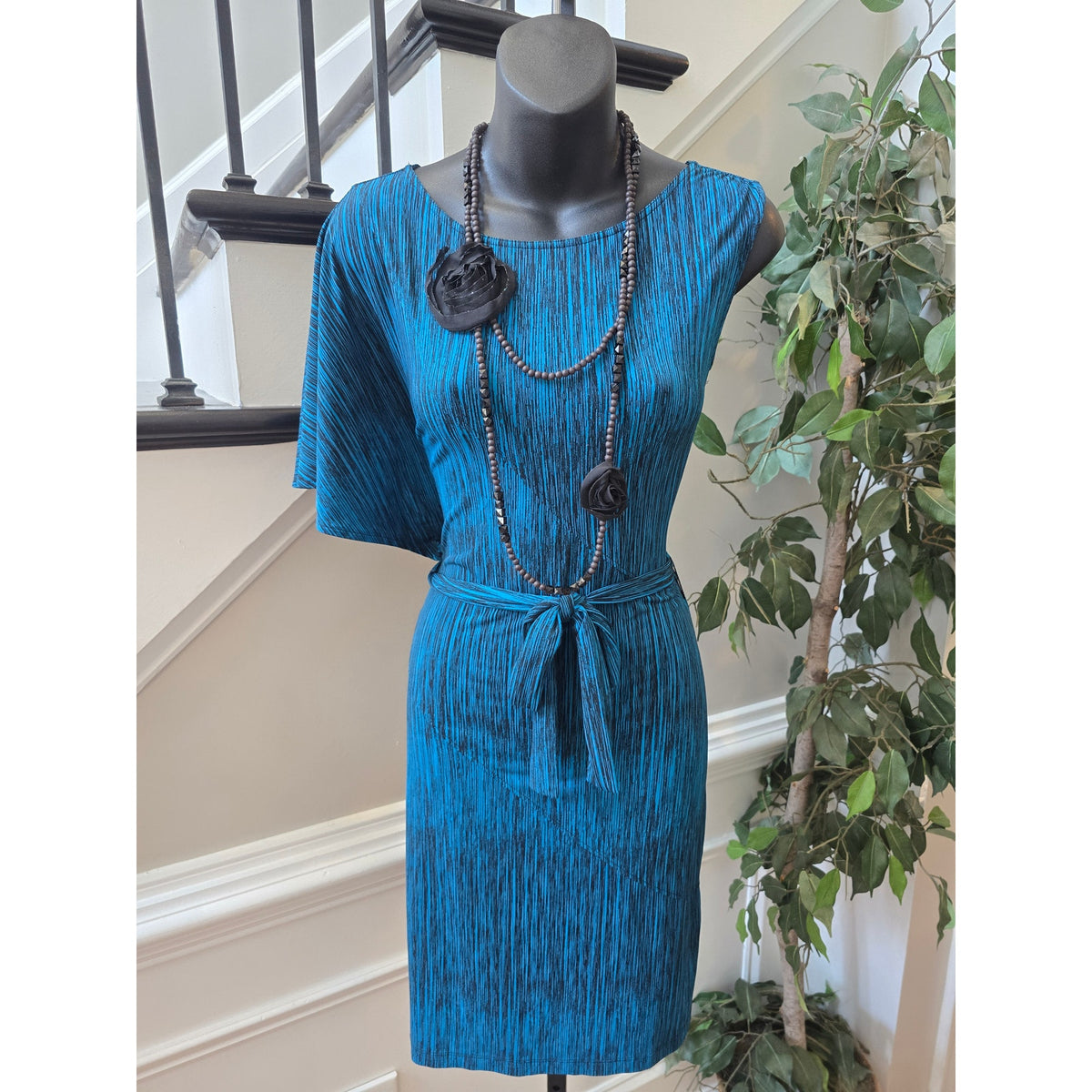 Worthington Stretch Dress Womens Small Blue/Black Space-Dye Waist-Tie One Sleeve