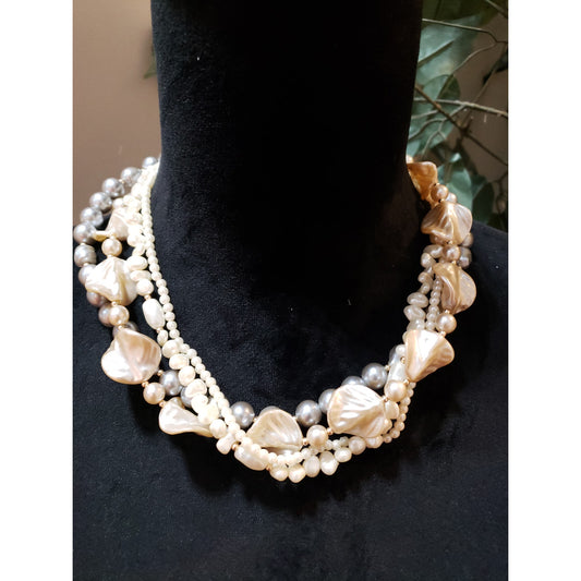 Womens 4 Strand Abalone Shell Faux Pearl Beads Necklace Jewelry w/ Spring Ring