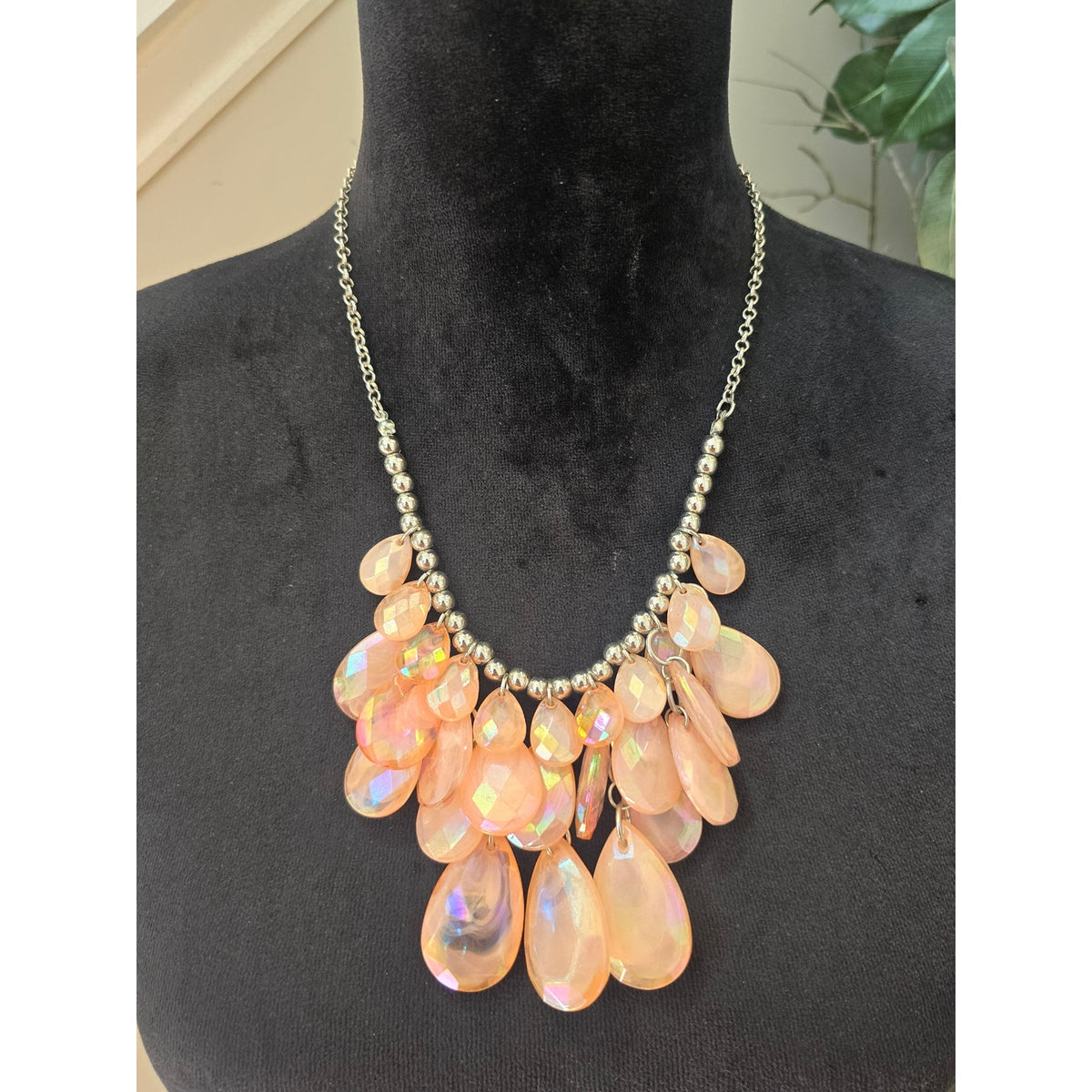 Peach Orange Iridescent Teardrop Cluster Bib Statement Necklace