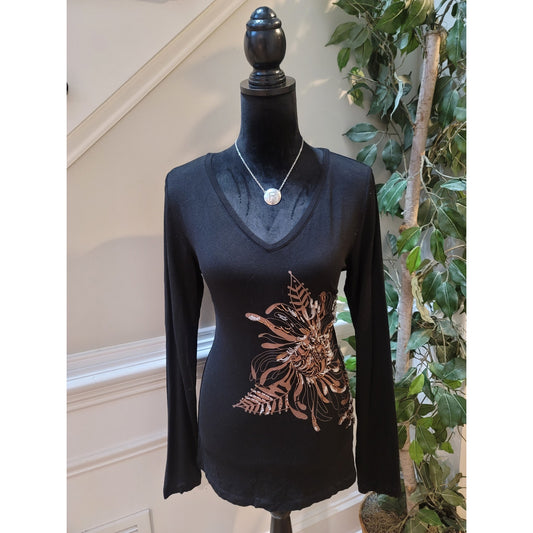 CAbi Top Women's Size L Black Long Sleeve V Neck Floral Sequin Beaded Stretch