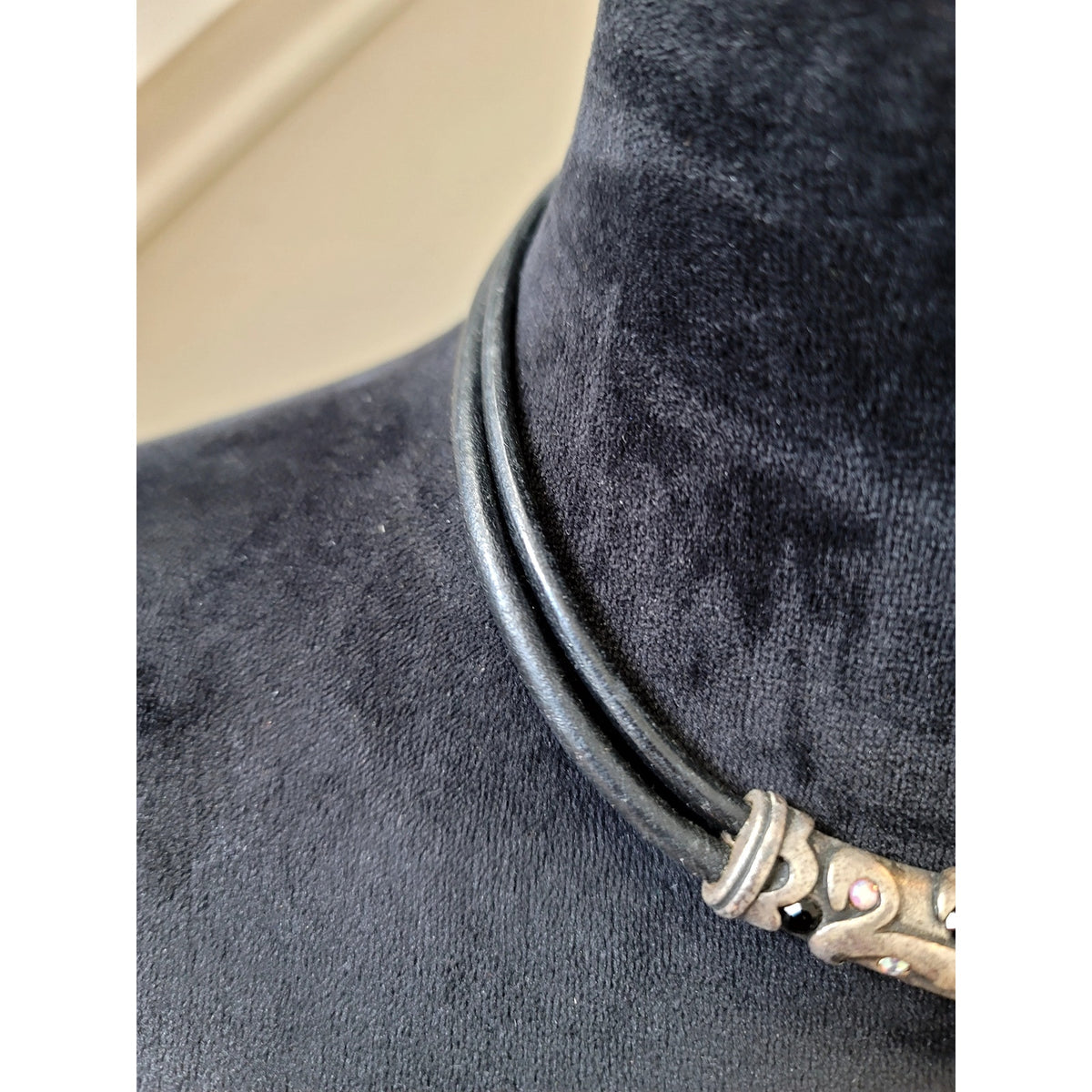 Black Leather Cord Choker Necklace with Antique Silver Tribal Slide Boho Gothic