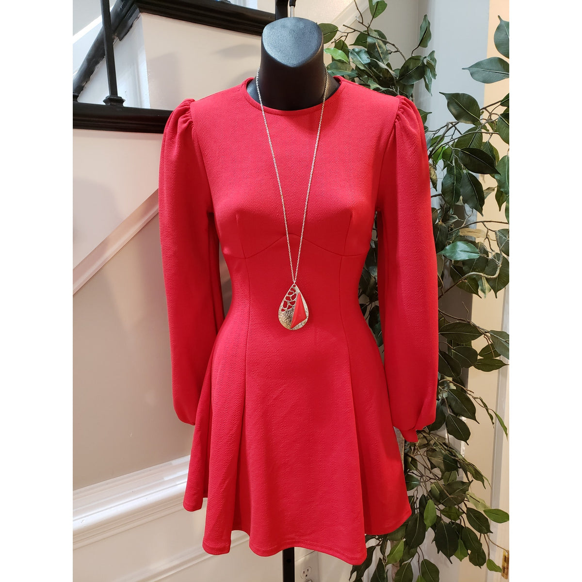 Boohoo Skater Dress Women's 4 Red Bust Detail Blouson Sleeve Crew Neck Pullover