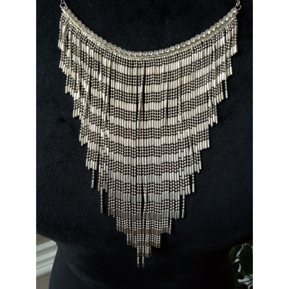 Silver Tone Layered Chain Fringe Statement Necklace Waterfall Bib Tassel Collar