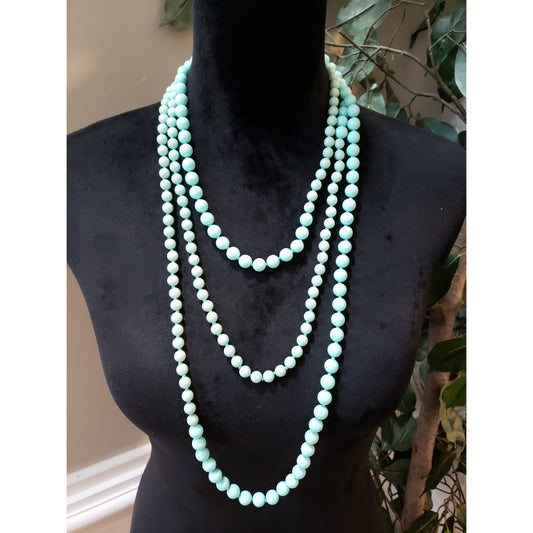 Women Fashion Turquoise Ball Beaded Hand Knotted Tri-fold Long Necklace Jewelry