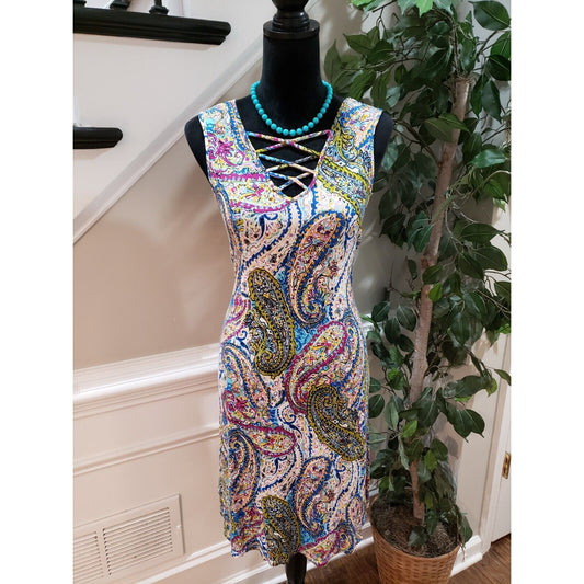 Spense Women's Multicolor Viscose V-Neck Sleeveless Casual Knee Length Dress PL
