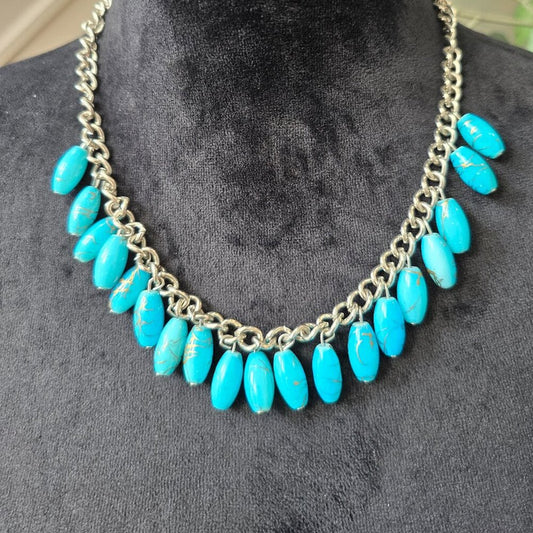 Womens Fashion Turquoise Oval Drops Shape Silver Tone Collar Necklace w/ Lobster