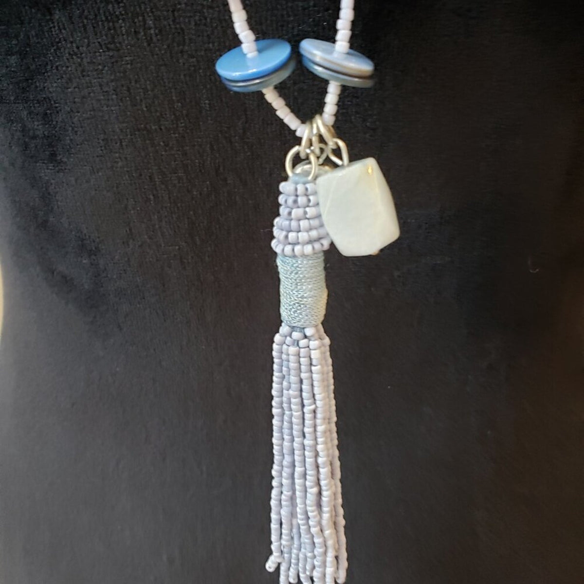 Womens Fashion Blue Sead Beaded Fringers Pendant Necklace with Lobster Clasp