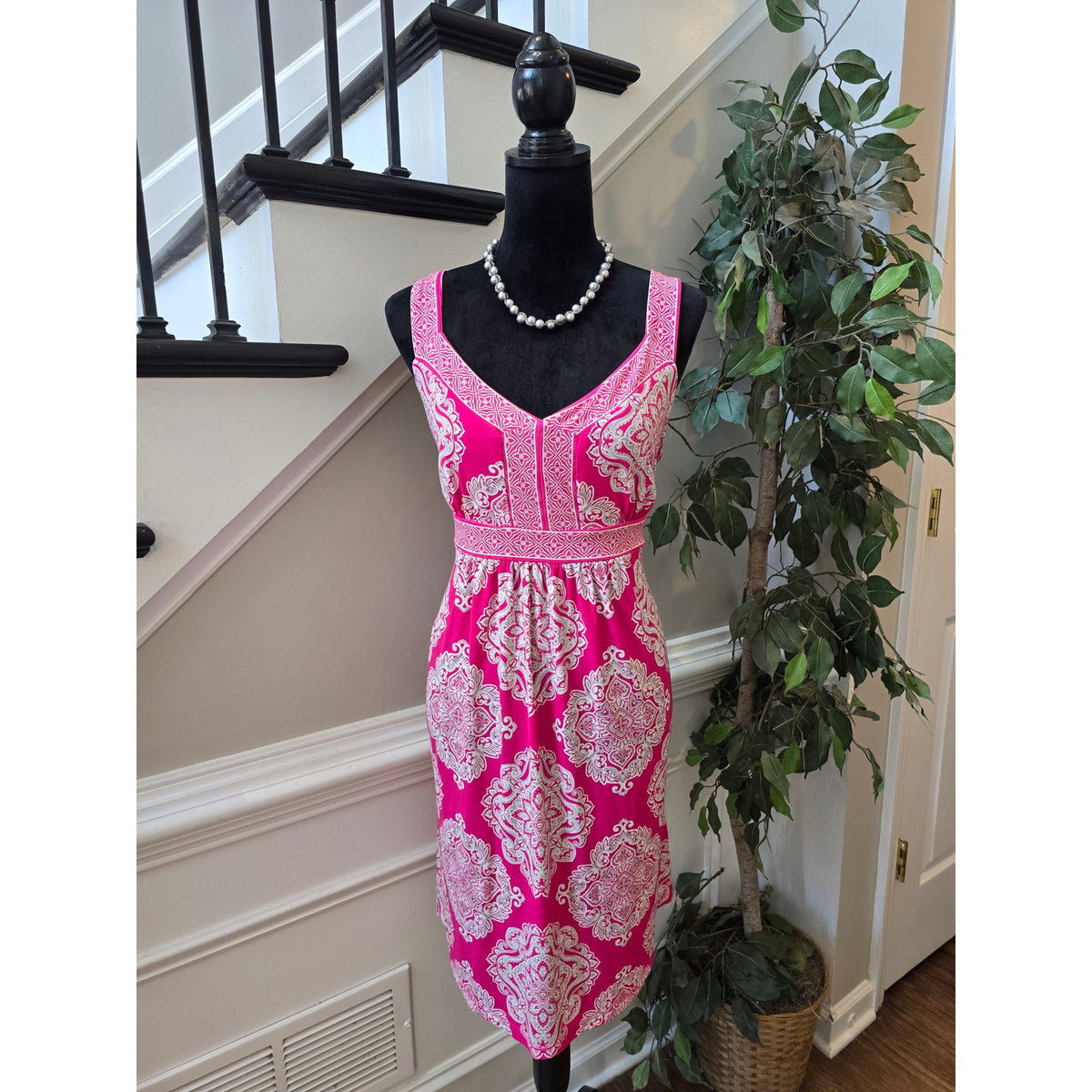 Apt 9 Midi Dress Women's Large Pink/White Geometric Pleated Stretch Empire Waist