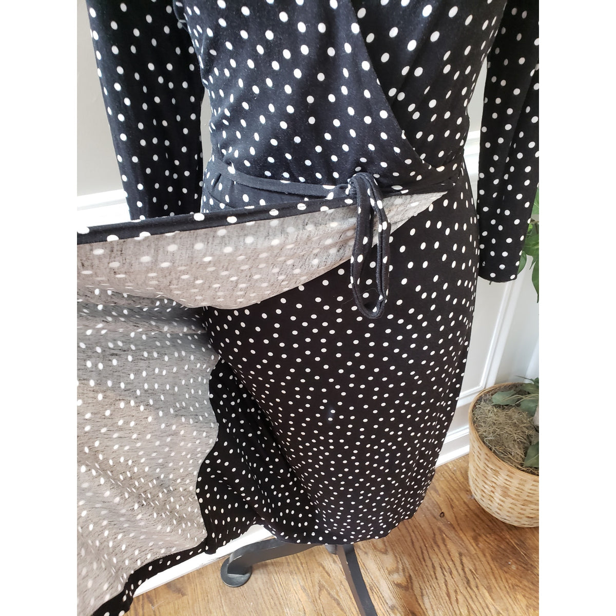 A New Day Polka Dot Dress Women's M Black White Wrap Belted Long Sleeve