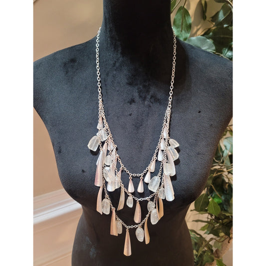 Women's Layered Silver Chain Necklace With Clear Crystal Drops And Lobster Clasp