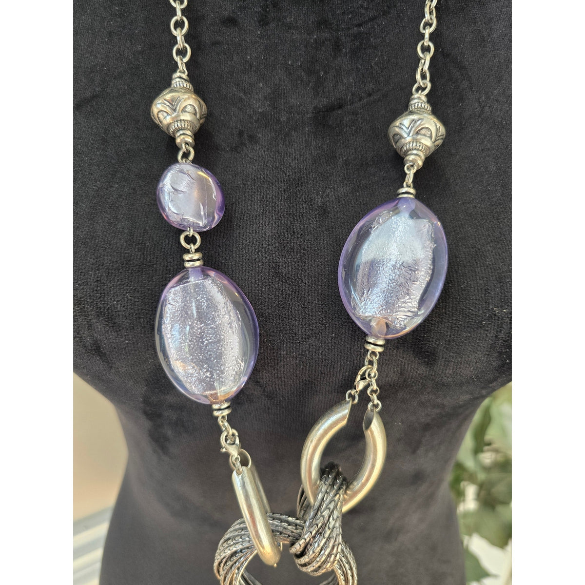 Long Purple Beaded Pendant Necklace Silver Tone Swirl Statement Jewelry