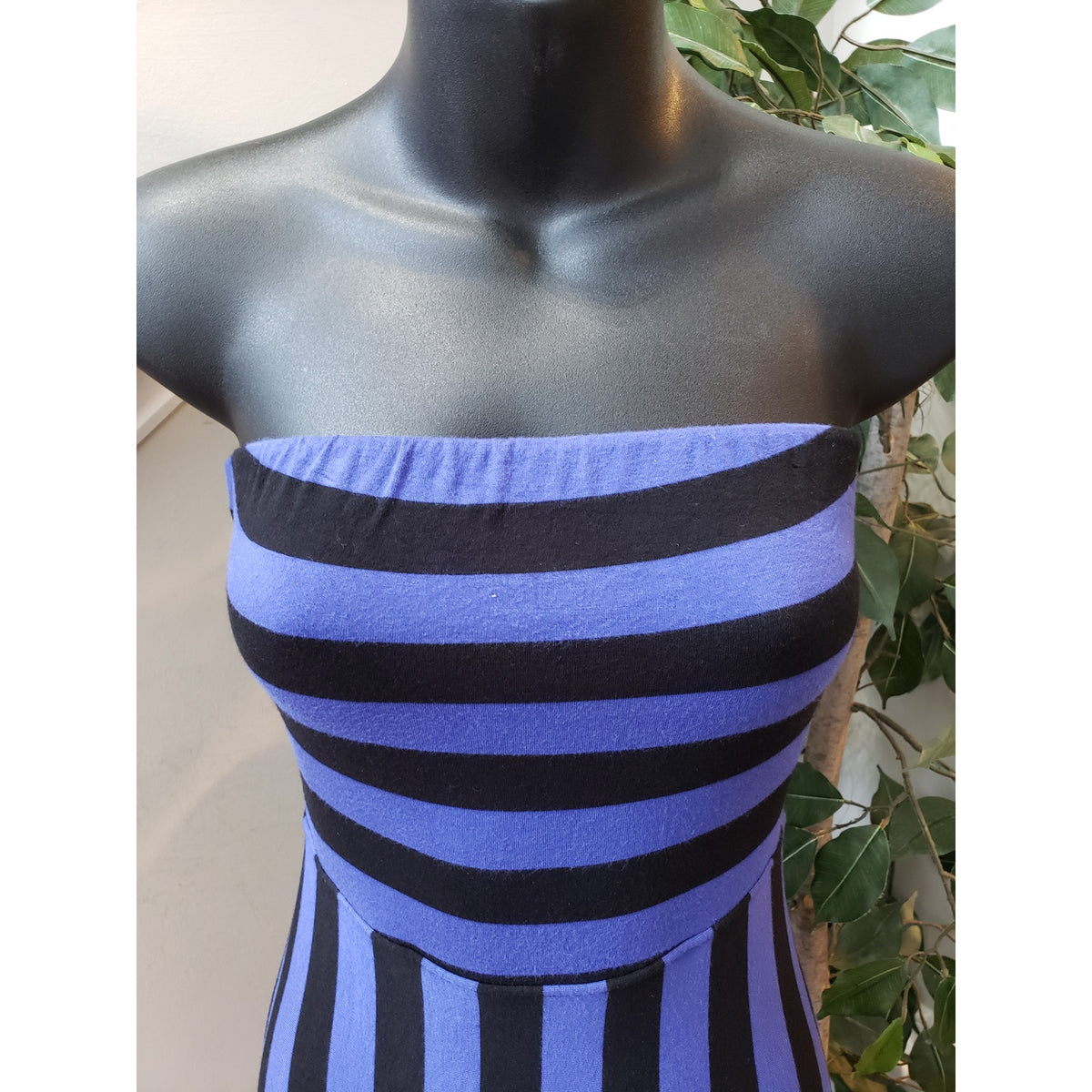 Women's Long Maxi Dress XS Black & Blue Stripped Tube Stretch Off The Shoulder