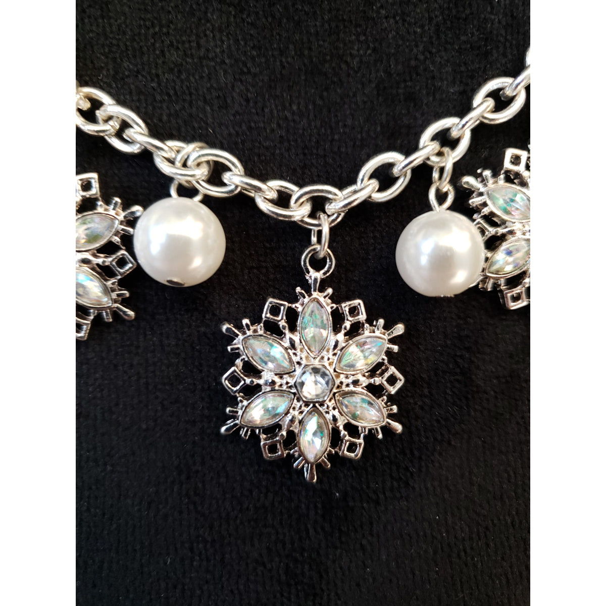 Silver Snowflake Charm Necklace with Faux Pearls and Crystals Adjustable Chain