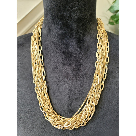 Gold Tone Multi-Strand Chain Necklace Layered Chunky Statement Collar Bib