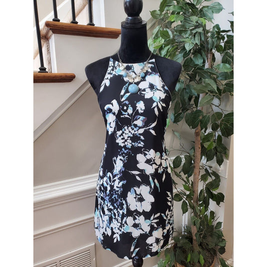 Fab'rik Women's Black Floral Polyester Crew Neck Sleeveless Knee Length Dress M